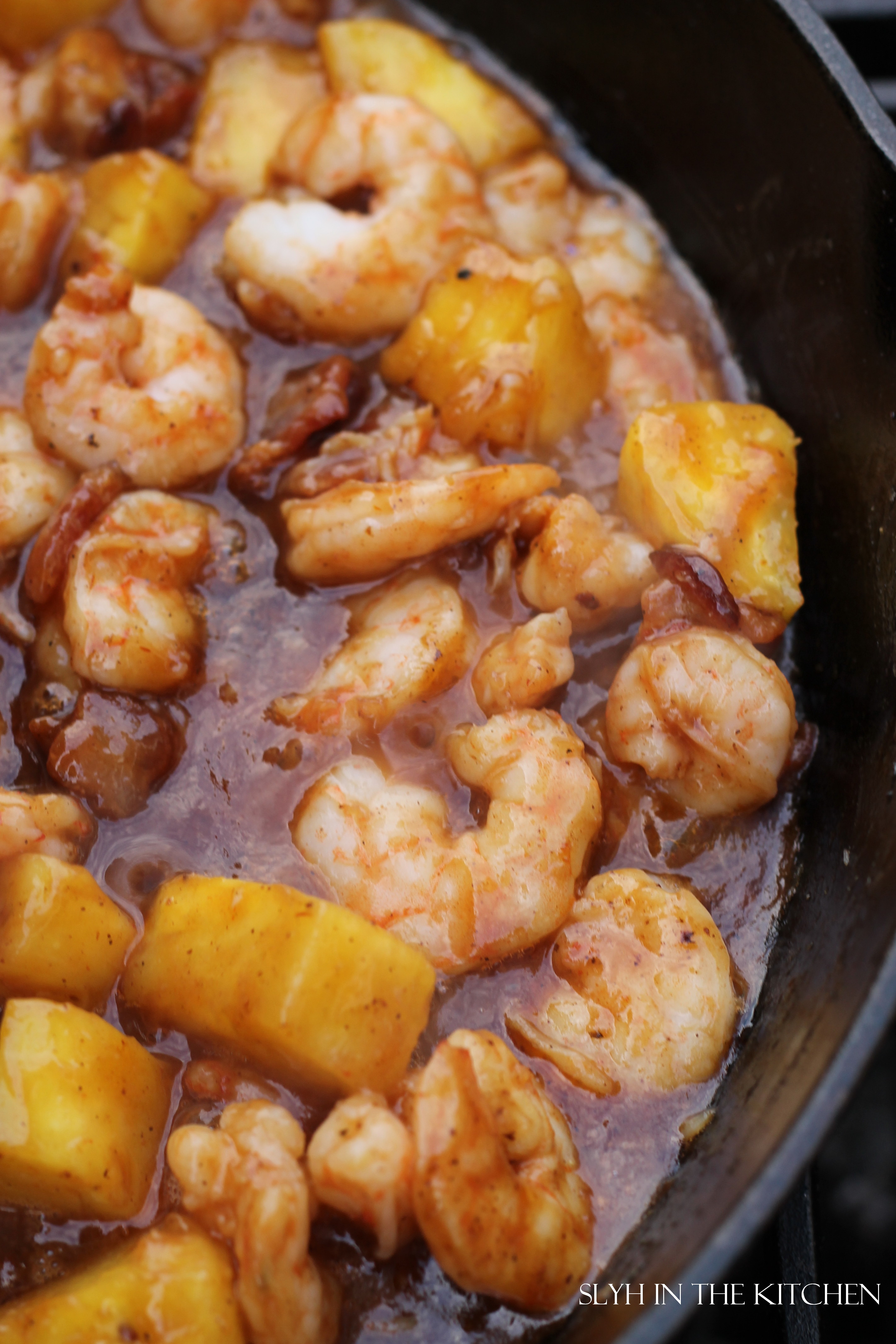 Shrimp, Pineapple, and Bacon in a Cast Iron Skillet
